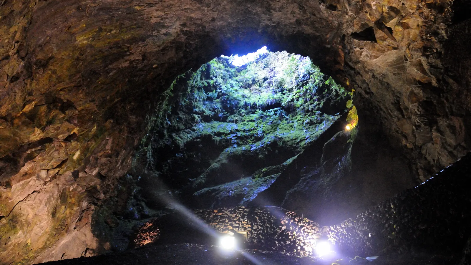 Looking up the volcanic chimney of Algar do Carvão towards the daylight opening