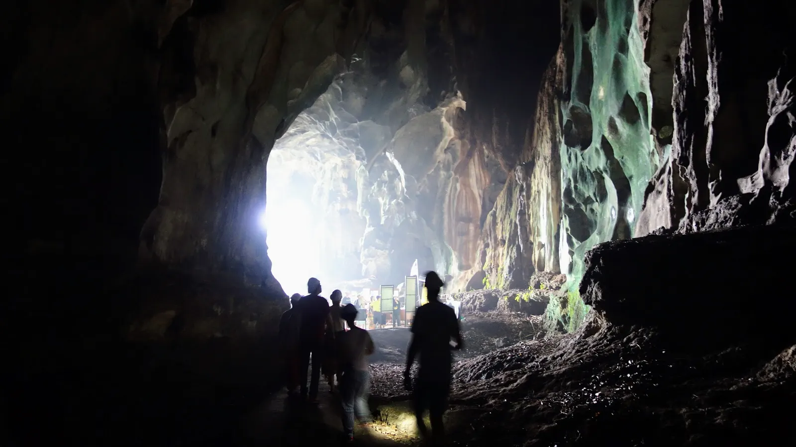 The main chamber of Temple Cave at Batu Caves: shrines under the open rock ceiling, visitors during Thaipusam