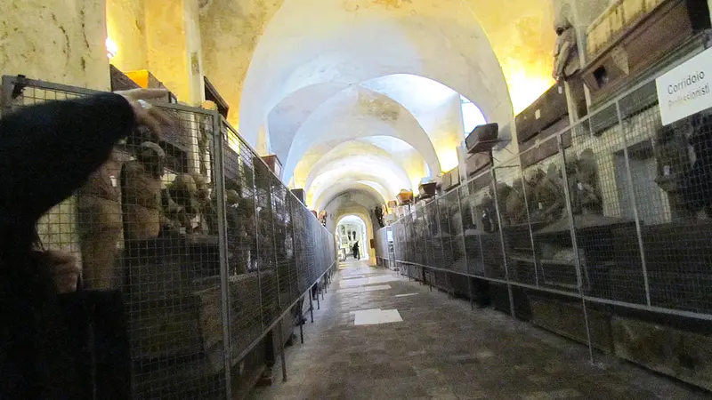 The corridor of the trades in the Capuchin catacombs of Palermo, clothed mummies lining the walls