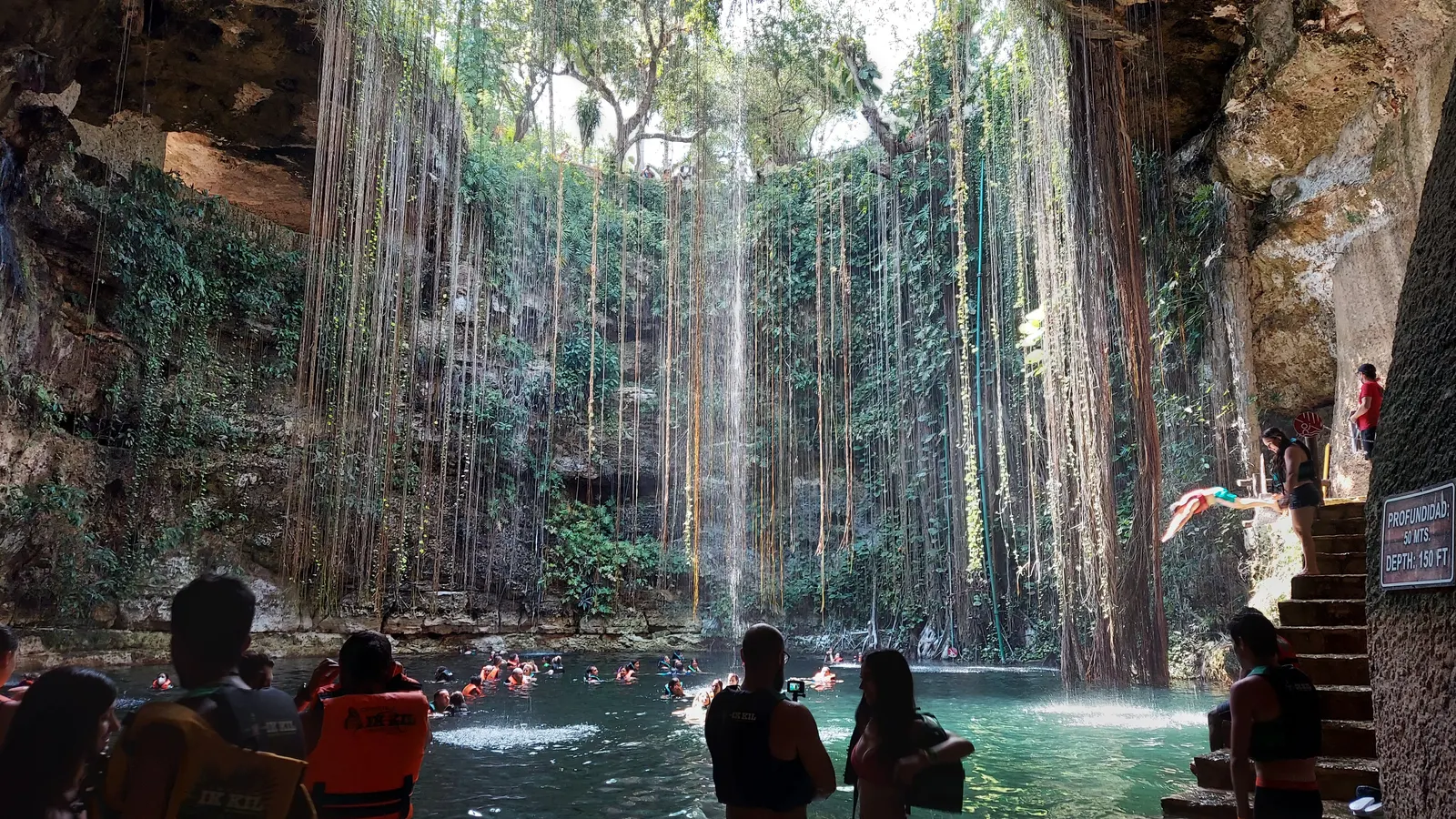 Swimmers in the round pool of Cenote Ik Kil, aerial roots hanging down from the rim