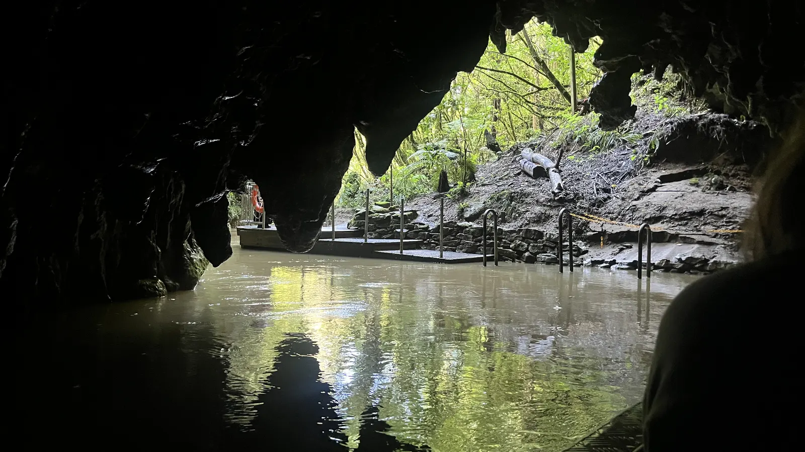 Cave mouth of the Waitomo caves above the water, boardwalk and railing along the bank