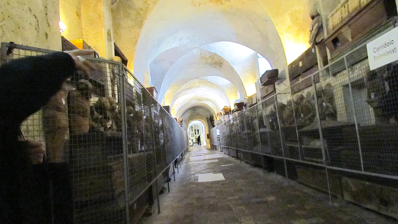 The corridor of the trades in the Capuchin catacombs of Palermo, clothed mummies lining the walls