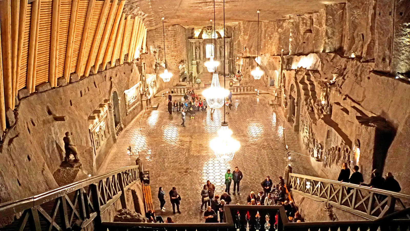 The Saint Kinga chapel in the Wieliczka salt mine, chandeliers of salt crystal above the carved floor