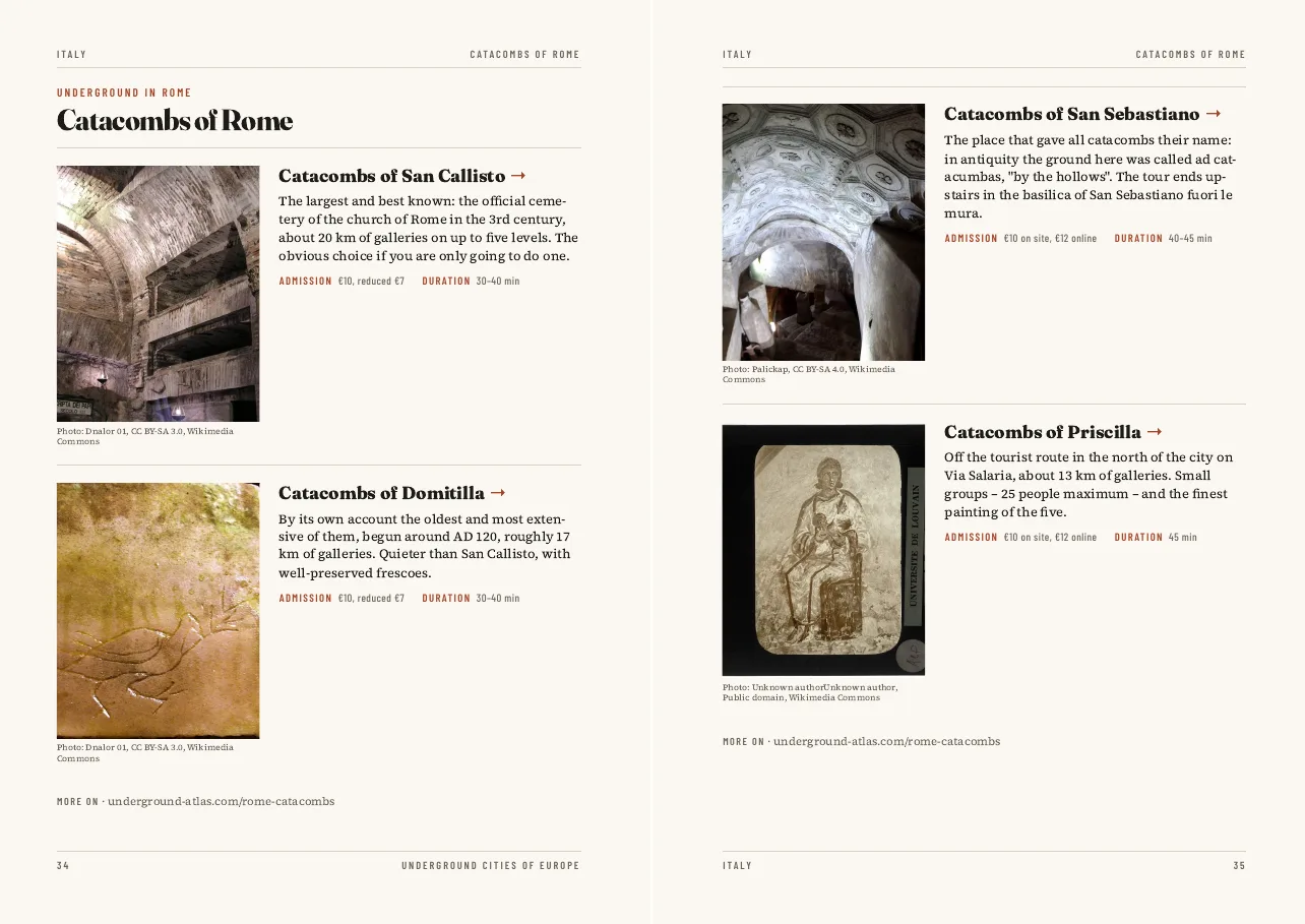 Pages on the catacombs of San Callisto, Domitilla, San Sebastiano and Priscilla in Underground Cities of Europe