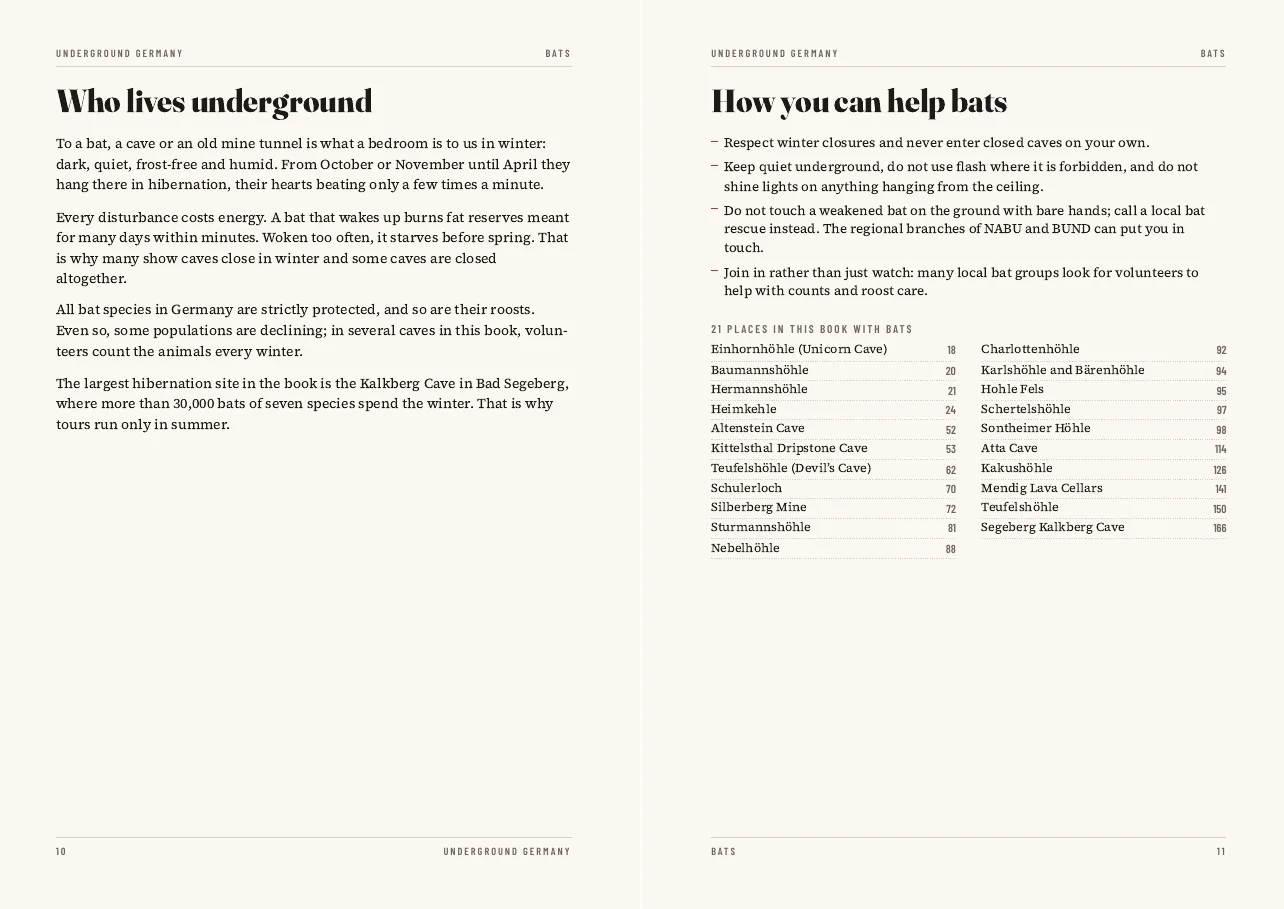 Pages about bats in caves and tunnels in the PDF travel guide Underground Germany
