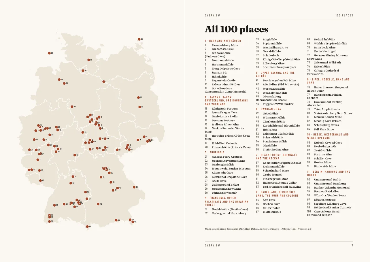 Map of Germany with all 100 caves, mines and bunkers in the PDF Underground Germany